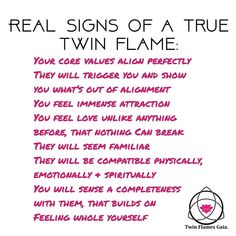 a poster with the words real signs of a true twin flame written in pink ink