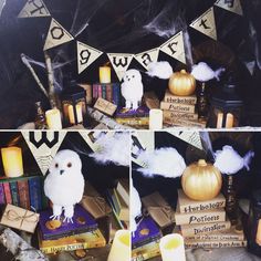 there are two pictures of halloween decorations and books on the table, one is an owl