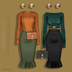 two women's dresses and purses are shown in three different colors, one is green