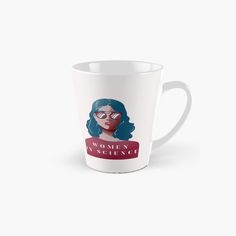 a tall white mug with a woman's face on it and the words women's service