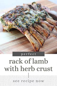 rack of lamb with herb crust on a wooden cutting board text reads perfect rack of lamb with herb crust see recipe now