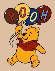 winnie the pooh with balloons floating in the air and saying pooh on it