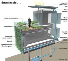 an image of a kitchen with plants growing on the roof and below it is a diagram