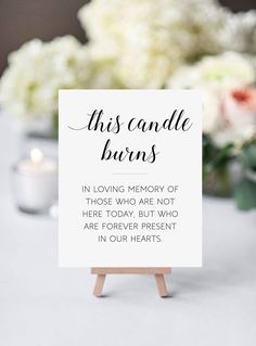 a sign that says this candle burns in loving memory of those who are not here today, but who are forever present in our hearts