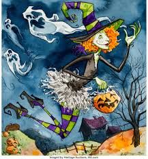 a painting of a witch flying through the air with her broom and pumpkins in her hand