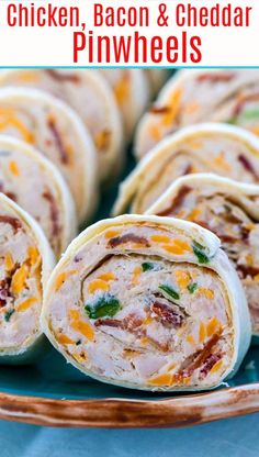 chicken, bacon and cheddar pinwheels on a plate with text overlay