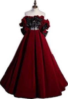 Elegant Black Ball Gown For Costume Party, Black Ruffled Ball Gown For Party, Evening Velvet Dress With Ruffles, Red Velvet Floor-length Dress For Party, Red Dress With Red Bow For Evening, Red Evening Dress With Bow, Red Evening Dress With Red Bow, Elegant Evening Dress With Red Bow, Fitted Ball Gown With Bow For Party