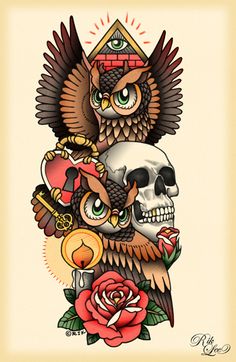 an owl sitting on top of a skull next to a rose and a bird with wings