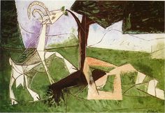 a painting of a man laying on the ground next to a tree and another animal