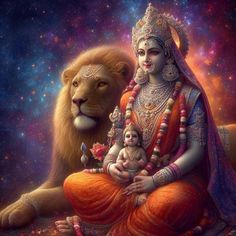 a painting of a woman sitting next to a lion and holding a baby in her lap