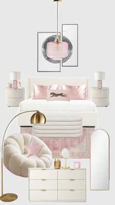 a bedroom with white furniture and pink accents on the walls, along with gold accessories