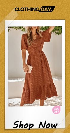 Sweet Elegant Solid Solid Color V Neck A Line Dresses Brown Midi Dress For Spring, Brown Spring Dresses, Line Dresses, A Line Dresses, A Line Dress, A Line, Solid Color, V Neck, Dresses