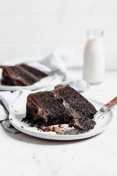 a piece of chocolate cake on a white plate with a fork and bottle of milk in the background