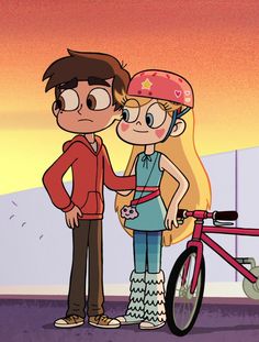 a man and woman standing next to each other with a bike in front of them