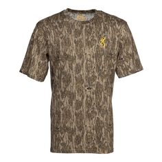 the camo t - shirt is brown and has a yellow embroidered logo on it