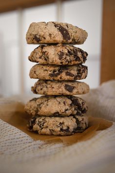 chocolate chip cookies stacked on top of each other