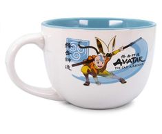 a white and blue coffee cup with avatar on it