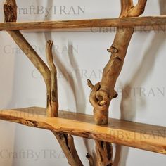 two wooden shelves with branches on them