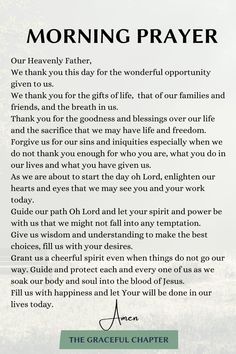 a poem written in green and white with the words morning prayer on top of it