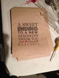 a sweet ending to a new beginning wedding thank you message on a brown paper bag