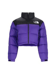 The North Face 'Nuptse' short down jacket in purple nylon with black details, removable hood at the neck, zip closure, white logo detail on the front and back, two side zip pockets, adjustable elastic cuffs, straight hem. Composition: 100% Nylon Versace Sneakers, Kurt Geiger Heels, North Face Nuptse, Golden Goose Deluxe Brand, Sneaker Wedge, Jeans Jumpsuit, Sneaker Brands, North Face Women, Card Holder Leather