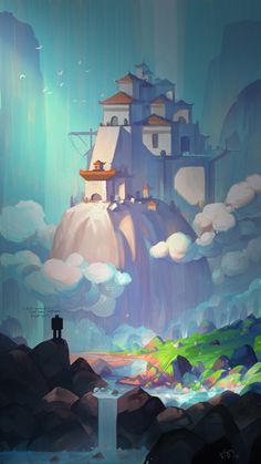 a painting of a castle on top of a mountain in the sky with clouds above it