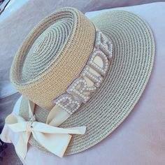 Straw bride hat with embellished pearl lettering Panama Beach, Pearl Bride, Pearl Letters, Luxury Brides, Bride Hat, Bridal Hat