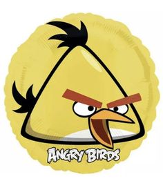 the angry birds balloon is yellow and has an angry face