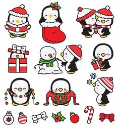 christmas penguins with hats and scarfs are depicted in this illustration, which is part of a series of stickers