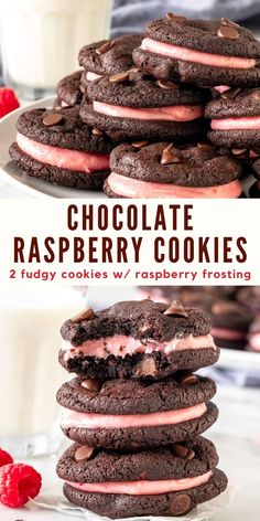 chocolate raspberry cookies stacked on top of each other with the words, chocolate raspberry cookies