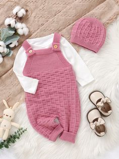 Baby Girl Solid Color Knitted Sweater Jumpsuit With Hat Pink Casual  Sleeveless Knitwear Plain Jumpsuit High Stretch  Baby Girls Clothing, size features are:Bust: ,Length: ,Sleeve Length: Cute Baby Outfits Girl, Luxury Baby Clothes, Toddler Jumpsuit, Pull Bebe, Baby Knitwear, Buku Skrap, Newborn Romper