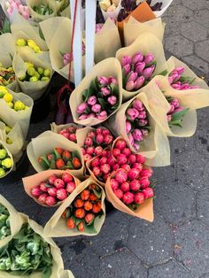 a bunch of flowers that are sitting on the ground next to each other and wrapped in paper