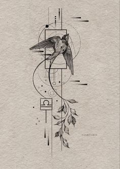 a black and white drawing of a bird on a branch with geometric shapes in the background