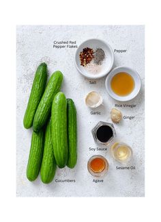 cucumbers, spices, and seasonings on a white surface with the ingredients labeled