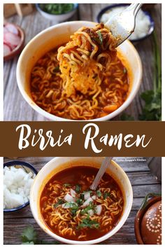 two bowls filled with different types of food and the words birria ramen above them