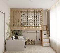 the living room is decorated in white and neutral tones with bamboo accents on the walls