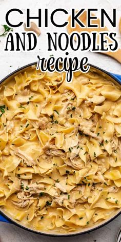 chicken and noodles recipe in a blue skillet