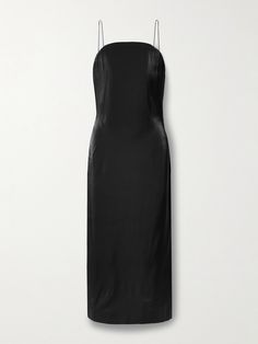 Jacquemus' 'Carino' midi dress is made from duchesse-satin that has incredibly lustrous sheen. It has a structured internal corset with a curved neckline and barely-there spaghetti straps. Wear yours with pumps for parties, dinners and more. Elegant Silk Dress With Satin Lining For Evening, Luxury Satin Dress For Parties, Luxury Satin Party Dress, Luxury Silk Fitted Slip Dress, Luxury Satin Cocktail Dress, Black Satin Slip Dress For Dinner, Luxury Satin Evening Dress For Night Out, Black Satin Finish Dress For Dinner, Elegant Evening Satin Slip Dress