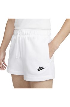 Sporty Shorts With Drawstring For Leisure, Sporty Leisure Shorts With Drawstring, Cotton Sports Shorts With Drawstring, Cotton Drawstring Sports Shorts, White Cotton Athletic Shorts With Drawstring, Casual White Drawstring Pajama Shorts, Casual White Pajama Shorts With Drawstring, Cotton Drawstring Sportswear Shorts, Nike Leisure Shorts With Pockets