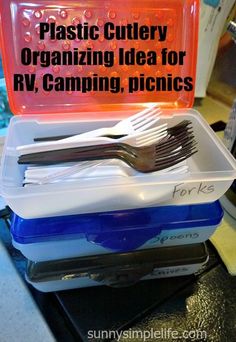 plastic cutlery organizing idea for rv camping, picnics and camping with forks