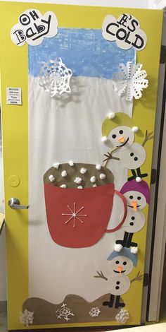 a door decorated with snowmen and coffee cups