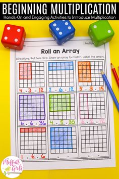 a roll on array game with dices and pencils next to it that says beginning multiplication hands - on and engaging activities in introduce