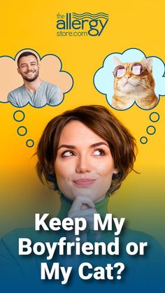 a woman with her head in the air and two thought bubbles above her, which says keep my boyfriend or my cat?