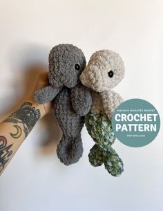 two crocheted stuffed animals being held by someone's hand with the caption crochet pattern