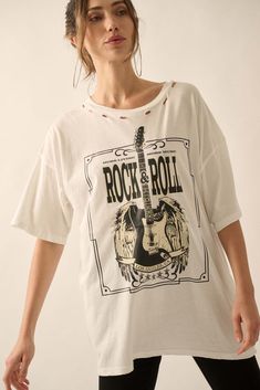 Rock & Roll Angel Guitar Distressed Graphic Tee - ShopPromesa Vintage Distressed Tops For Music Festival, White Distressed Tops For Concert, Vintage Distressed T-shirt For Music Festival, White Rock Style Top For Concerts, Summer Rock Style Distressed Tops, White Rock Style T-shirt For Summer, Rock And Roll Style Tops For Summer Music Festival, Rock And Roll White Top With Screen Print, White Rock And Roll Tops For Summer