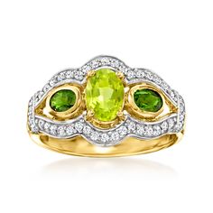 Ross-Simons - .80ct Peridot, .40ct t. w. Chrome Diopside Ring, .40ct t. w. White Zircons Over Sterling. Size 9. The shimmery green hues of this lush ring will have spring on your mind no matter the season. A bright green .80 carat oval peridot sizzles at the center, sided by .40 ct. t. w. chrome diopside ovals. An icy frame of .40 ct. t. w. white zircon rounds completes the look. Crafted in 18kt yellow gold over sterling silver. 1/2" wide. White zircon, chrome diopside and peridot ring. Peridot Chrome Diopside Ring, Peridot Birthstone, Peridot Jewelry, Green Hues, Peridot Ring, Stone Cuts, Bright Green, Womens Jewelry Rings, Lush