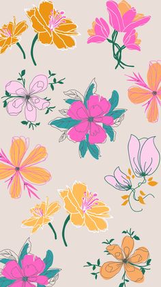 an assortment of flowers on a beige background with pink, yellow and orange colors in the center