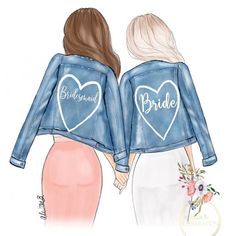 two women wearing denim jackets with hearts on their shoulders, one holding the other's hand