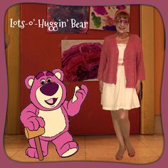 a woman standing in front of a pink teddy bear with the caption lots o'hugen bear