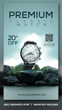 a poster for a watch store with an image of a watch on top of rocks